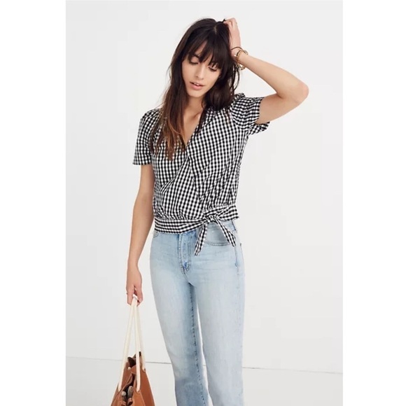 Madewell Short-Sleeve Wrap Top in Black White Gingham Check - Picture 1 of 13